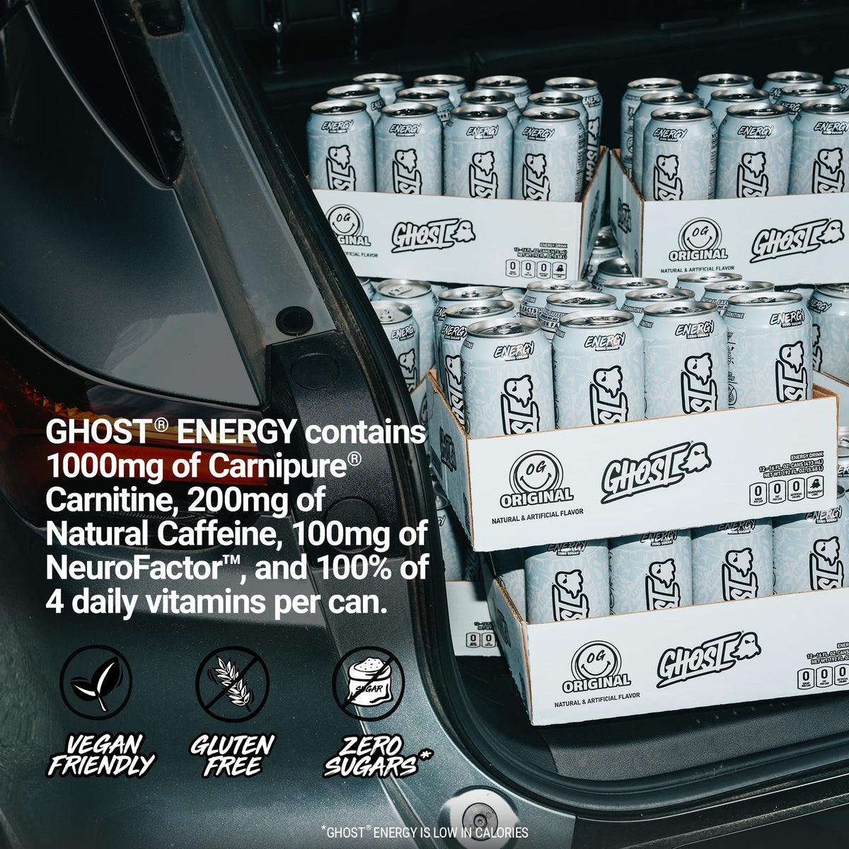 GHOST Energy Drink - 12-Pack, Original 16oz | 200mg Natural Caffeine, L-Carnitine & Taurine, Transparent Label, Vegan & Gluten-Free