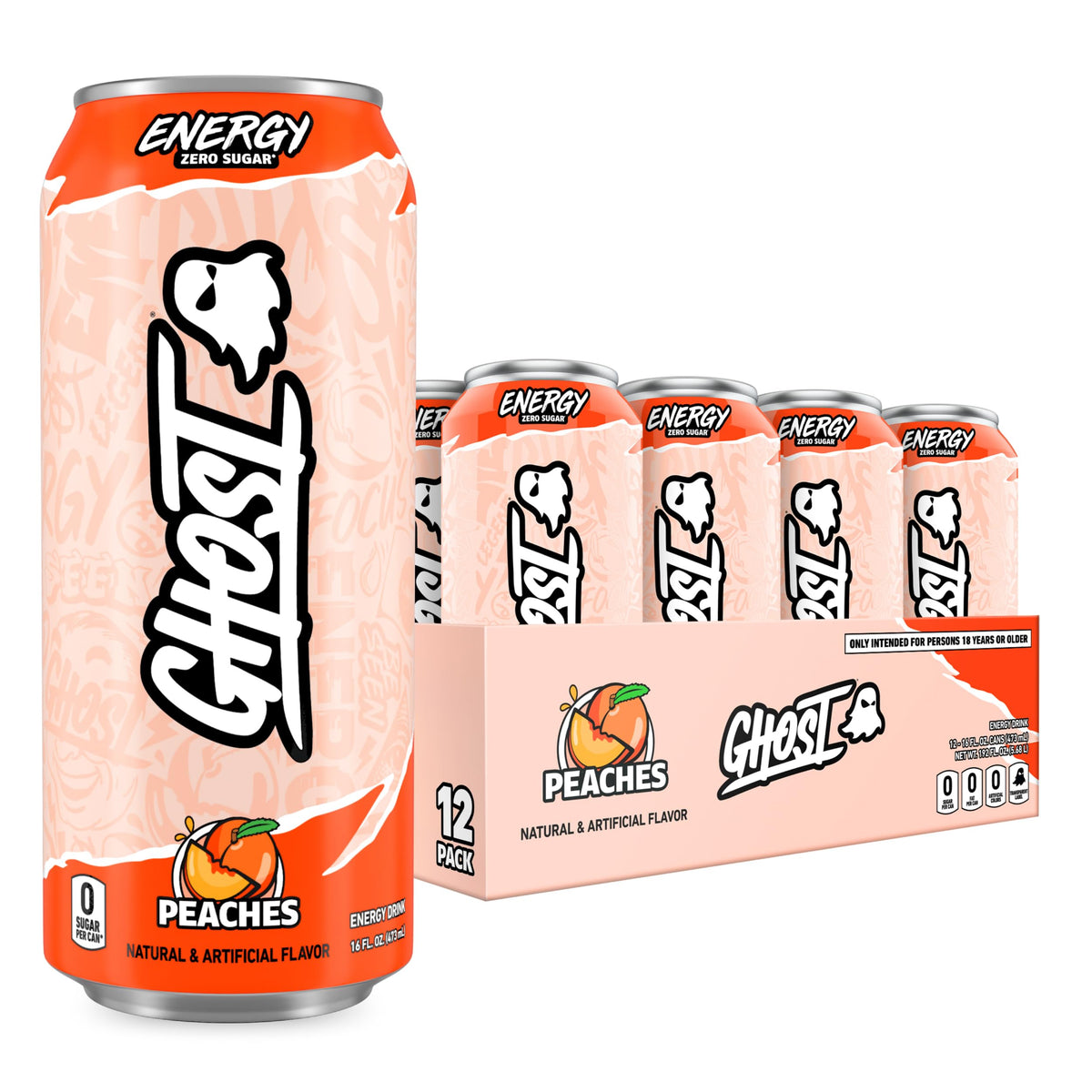 GHOST Energy Drink 12-Pack Peaches 16oz | Natural Caffeine & Focus