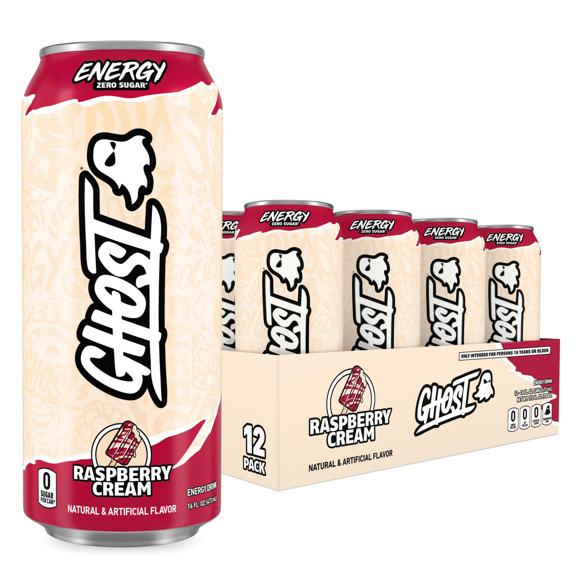GHOST Energy Drink Raspberry Cream – 16oz Cans (12-Pack) – 200mg Caffeine, L-Carnitine & Taurine – Vegan & Gluten-Free