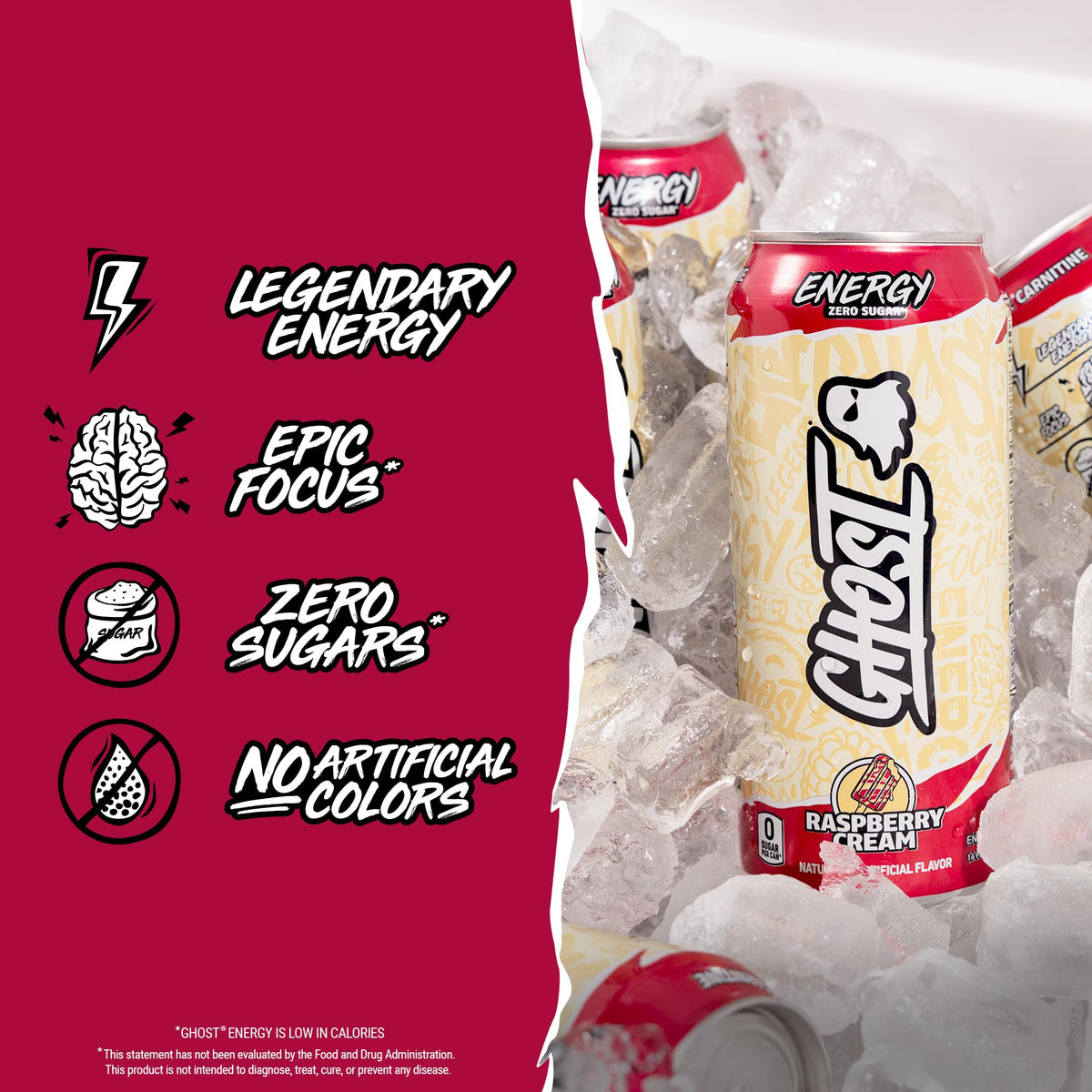 GHOST Energy Drink Raspberry Cream – 16oz Cans (12-Pack) – 200mg Caffeine, L-Carnitine & Taurine – Vegan & Gluten-Free