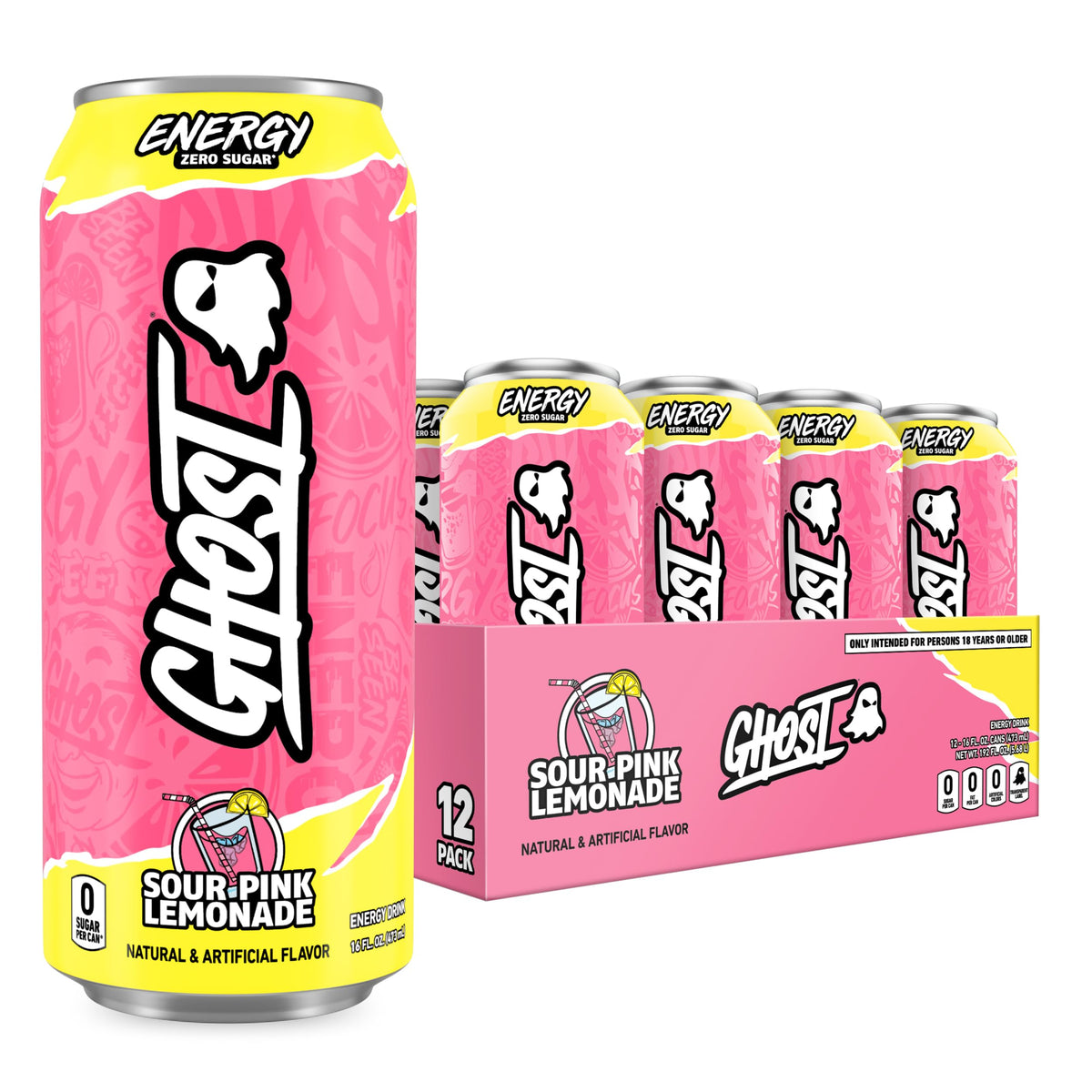 GHOST Energy Drink Sour Pink Lemonade – 12-Pack, 16oz Cans | 200mg Caffeine, L-Carnitine & Taurine, Vegan & Gluten-Free