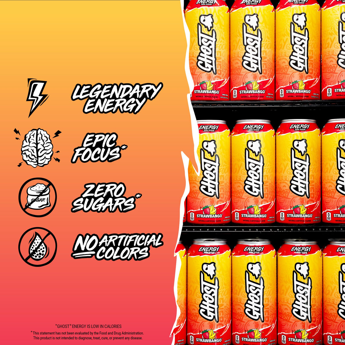 GHOST Energy Drink - Strawbango 16oz | 12-Pack | 200mg Natural Caffeine, L-Carnitine & Taurine | Gluten-Free & Vegan