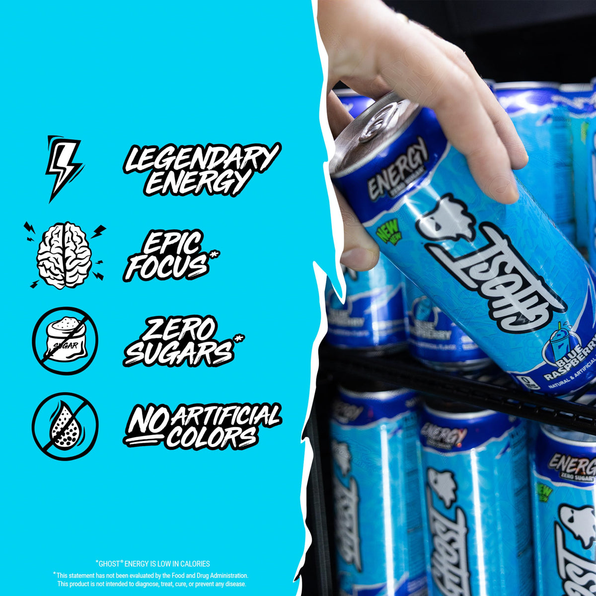 GHOST Energy Drink - 12-Pack Blue Raspberry, 16oz Cans | 200mg Natural Caffeine, Focus & No Artificial Colors