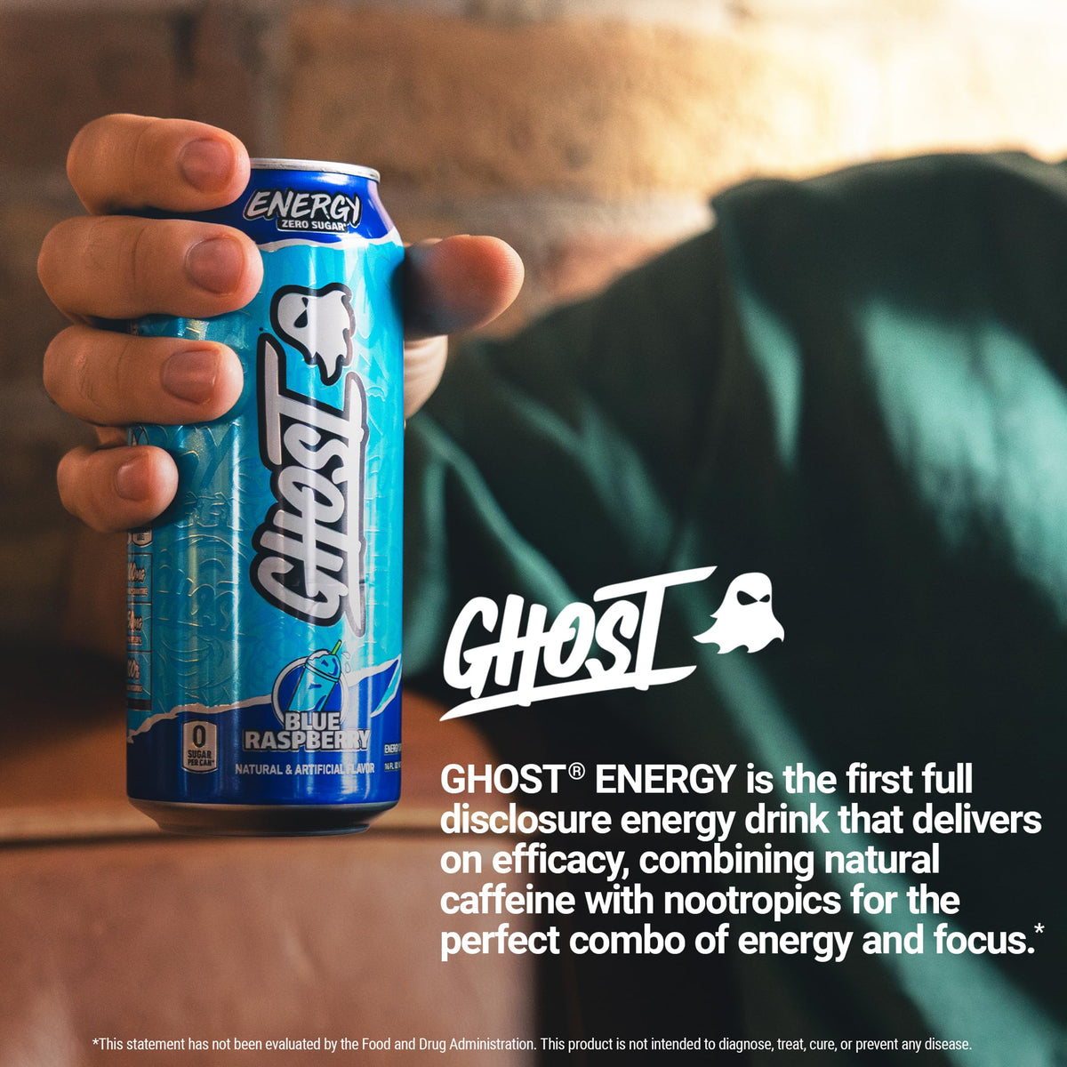 GHOST Energy Drink - 12-Pack Blue Raspberry, 16oz Cans | 200mg Natural Caffeine, Focus & No Artificial Colors