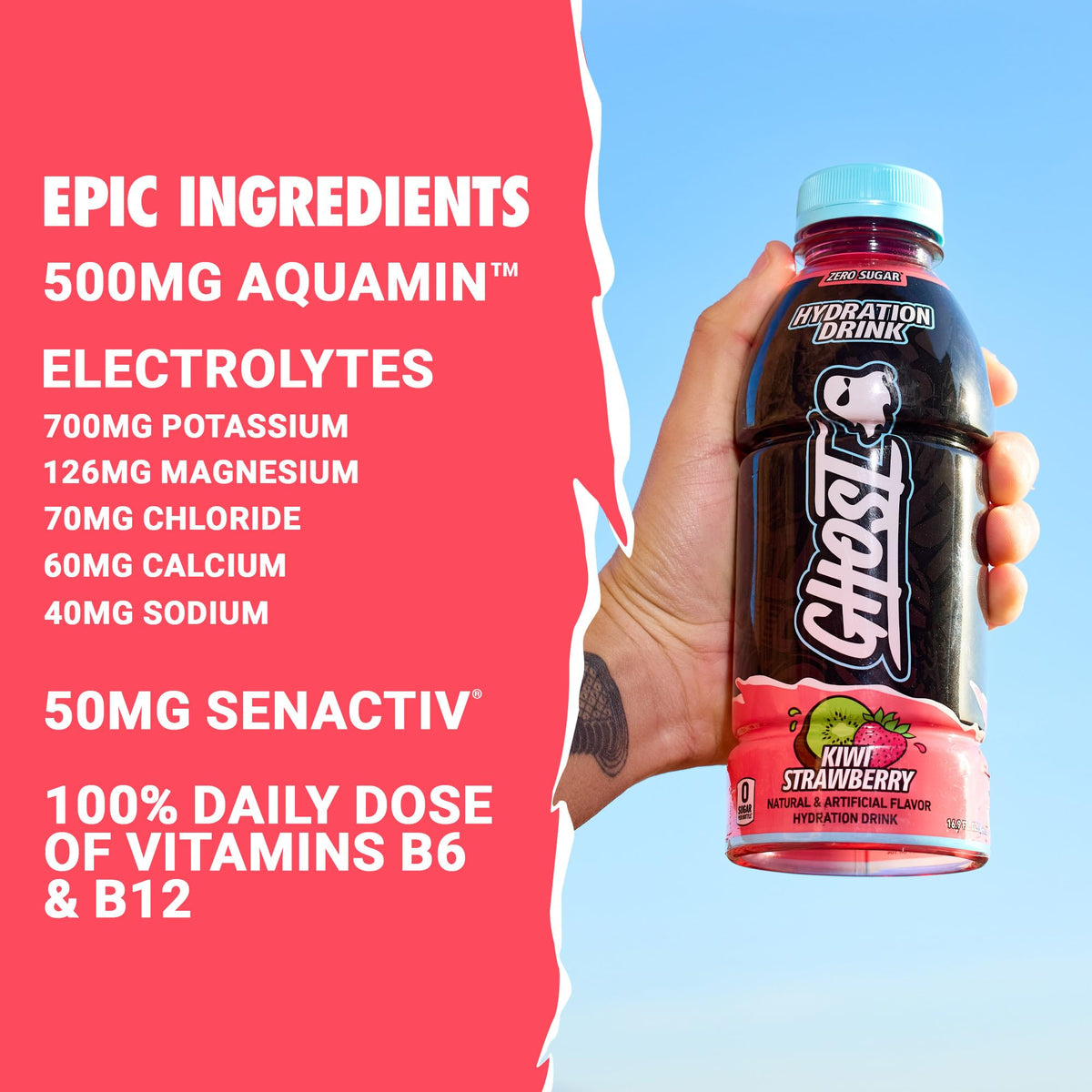 GHOST Hydration Kiwi Strawberry RTD Drink – Electrolytes, Vitamins, Zero Sugar & Zero Caffeine – 16.9 oz, 12 Pack