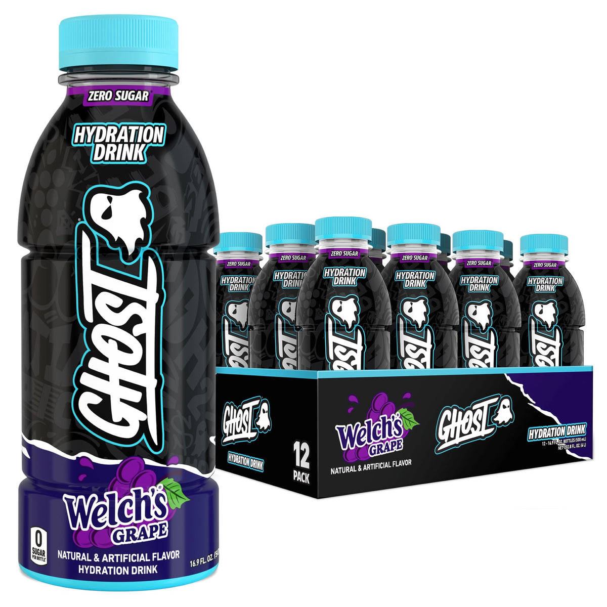 GHOST Hydration Welch’s Grape – Electrolyte RTD, Zero Sugar, Zero Caffeine, 16.9 oz (12 Pack)