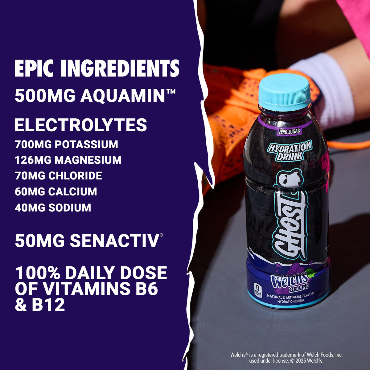 GHOST Hydration Welch’s Grape – Electrolyte RTD, Zero Sugar, Zero Caffeine, 16.9 oz (12 Pack)