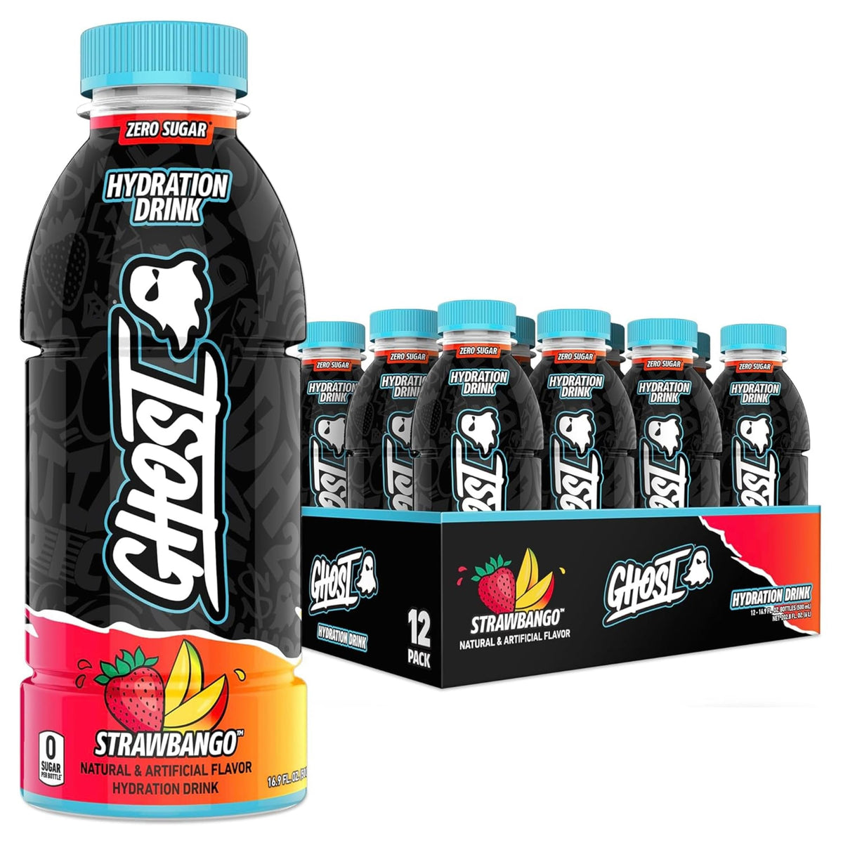 GHOST Hydration Strawbango RTD – Electrolyte Drink, Zero Sugar, Caffeine-Free (16.9 oz x12)