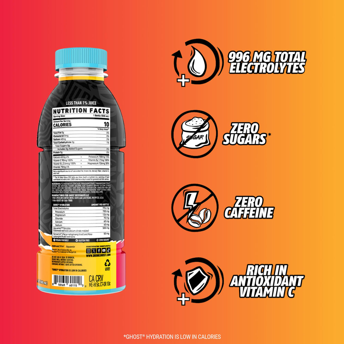 GHOST Hydration Strawbango RTD – Electrolyte Drink, Zero Sugar, Caffeine-Free (16.9 oz x12)