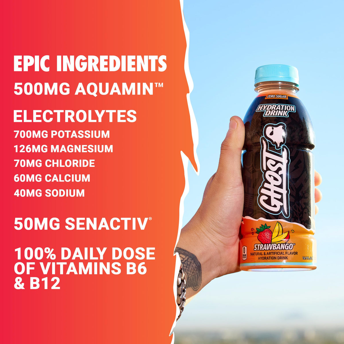 GHOST Hydration Strawbango RTD – Electrolyte Drink, Zero Sugar, Caffeine-Free (16.9 oz x12)
