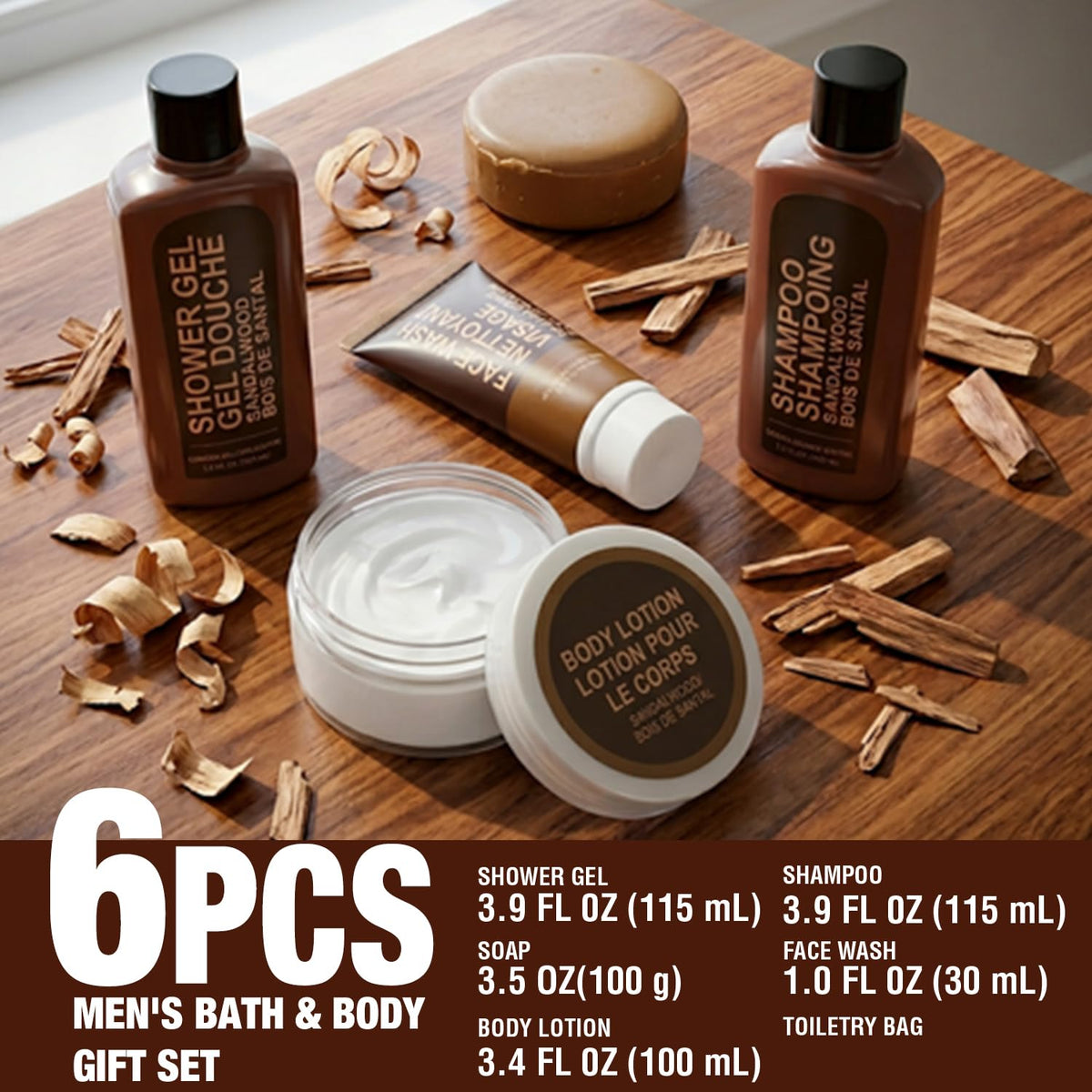 Gifts for Men 6pc Sandalwood Gift Set Travel Size Toiletry with Body Lotion