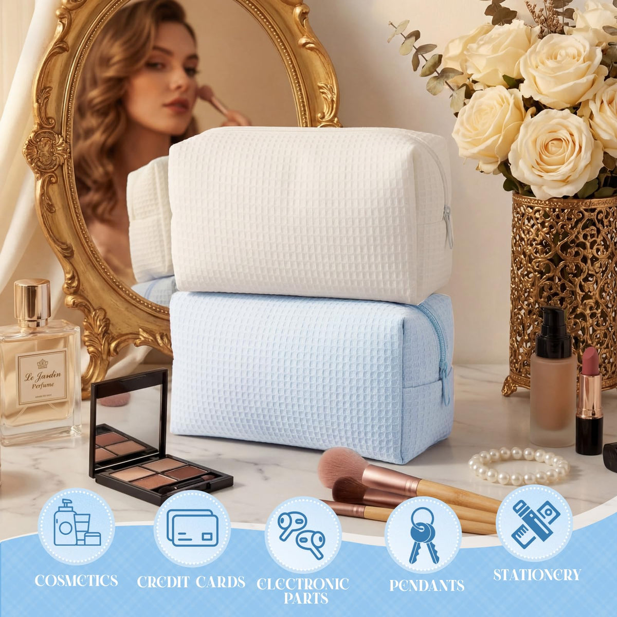 Gilprop 2Pcs Cozy Makeup Bag for Women Portable Travel Waffle Toiletry Bag Wedding Gift Soft Aesthetic Makeup Organizer Large Pouch with Zipper for Bridesmaid Lady Sister Daughter (Blue White,2 Pcs)