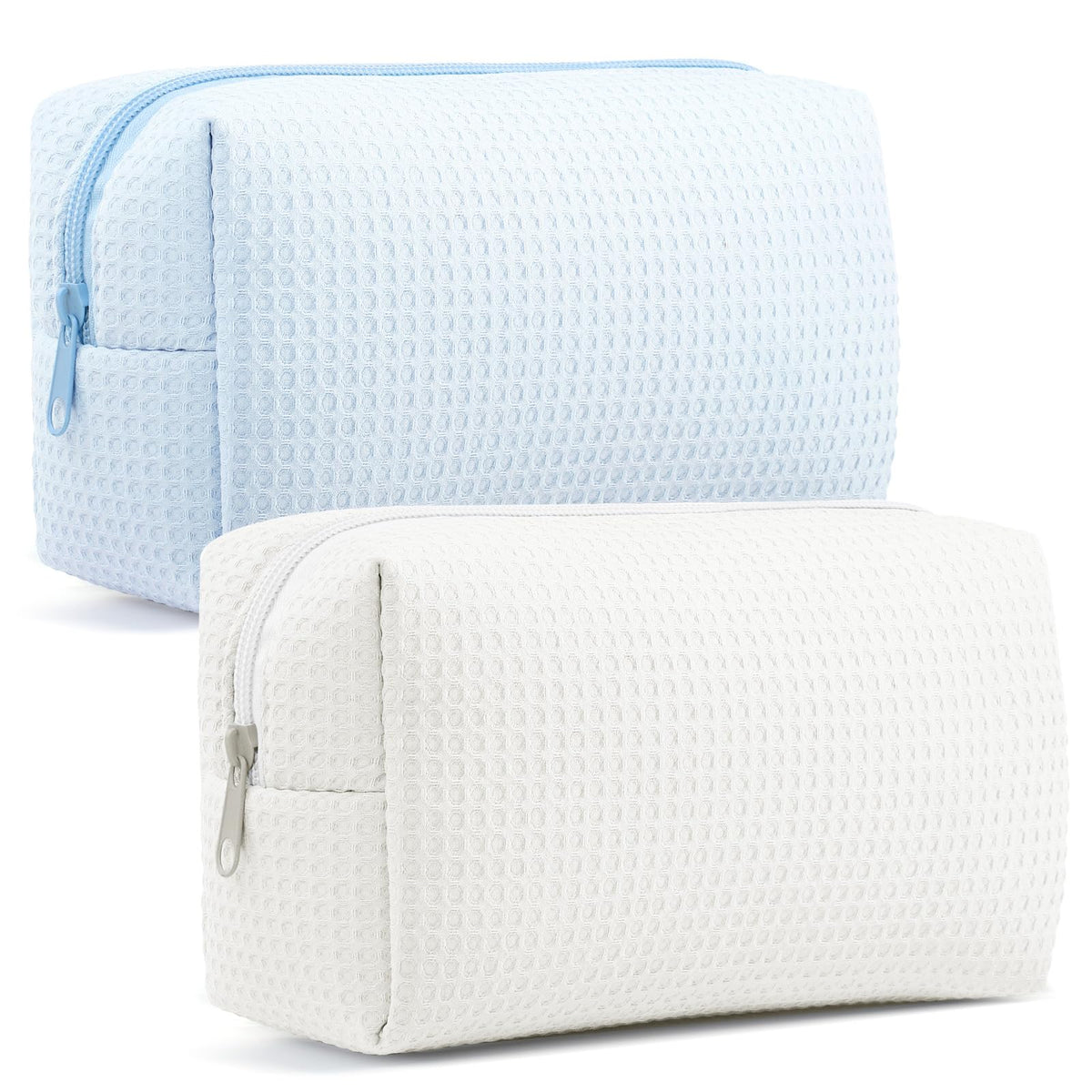 Gilprop 2Pcs Cozy Makeup Bag for Women Portable Travel Waffle Toiletry Bag Wedding Gift Soft Aesthetic Makeup Organizer Large Pouch with Zipper for Bridesmaid Lady Sister Daughter (Blue White,2 Pcs)