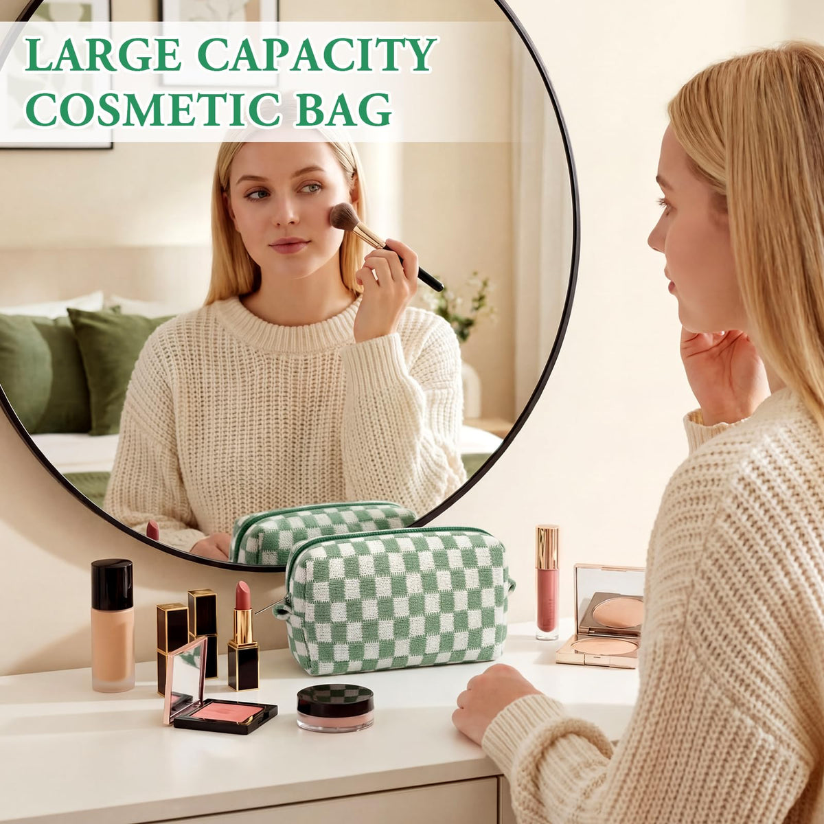 Gilprop 8 Pcs Checkered Makeup Bag Small Cosmetic Pouch Bulk,Green