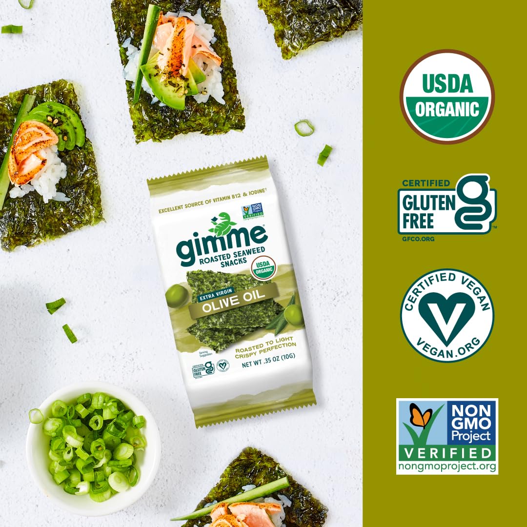 Gimme Seaweed Organic Premium Roasted Seaweed Snacks with Extra Virgin Olive Oil | Keto, Vegan, Gluten-Free