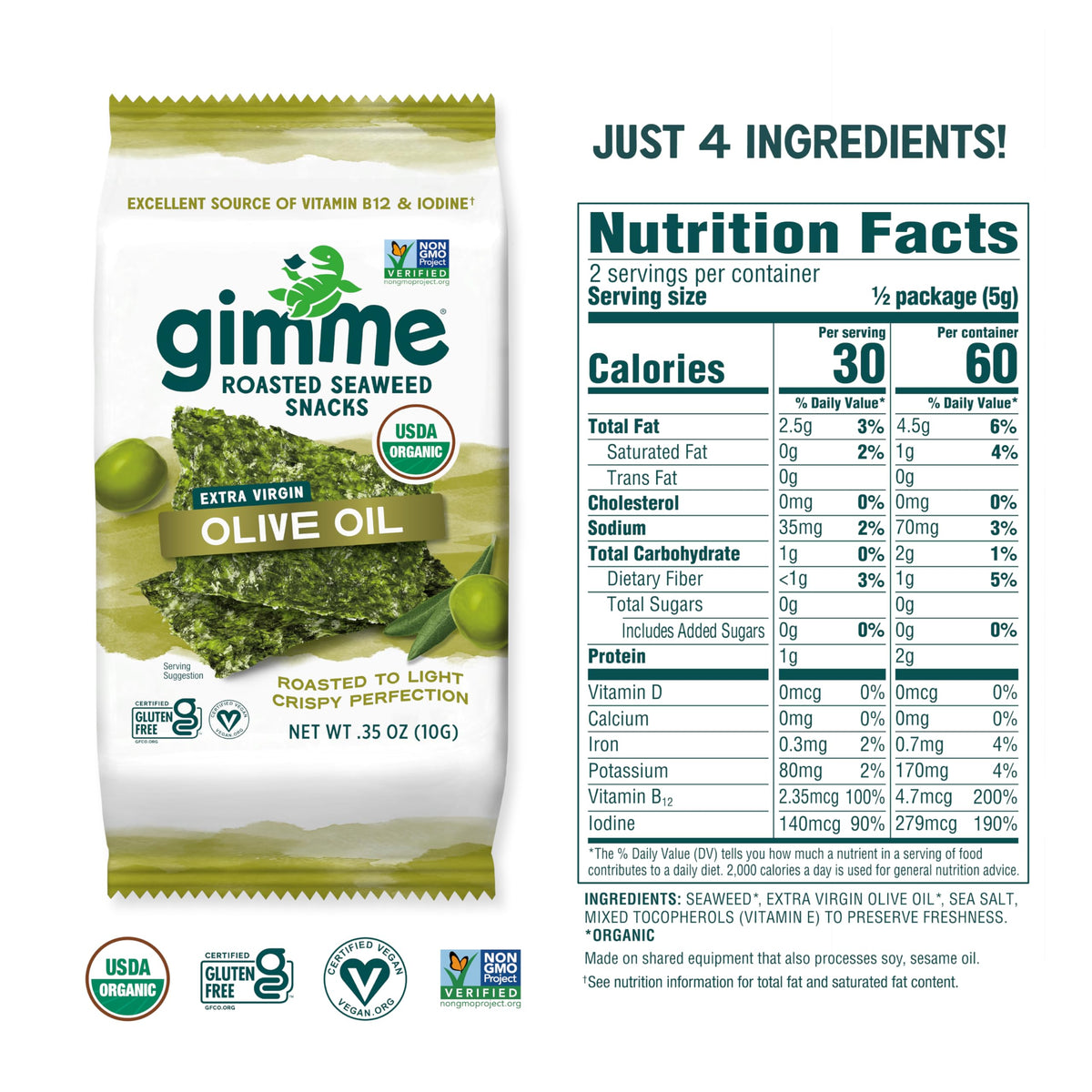 Gimme Seaweed Organic Premium Roasted Seaweed Snacks with Extra Virgin Olive Oil | Keto, Vegan, Gluten-Free