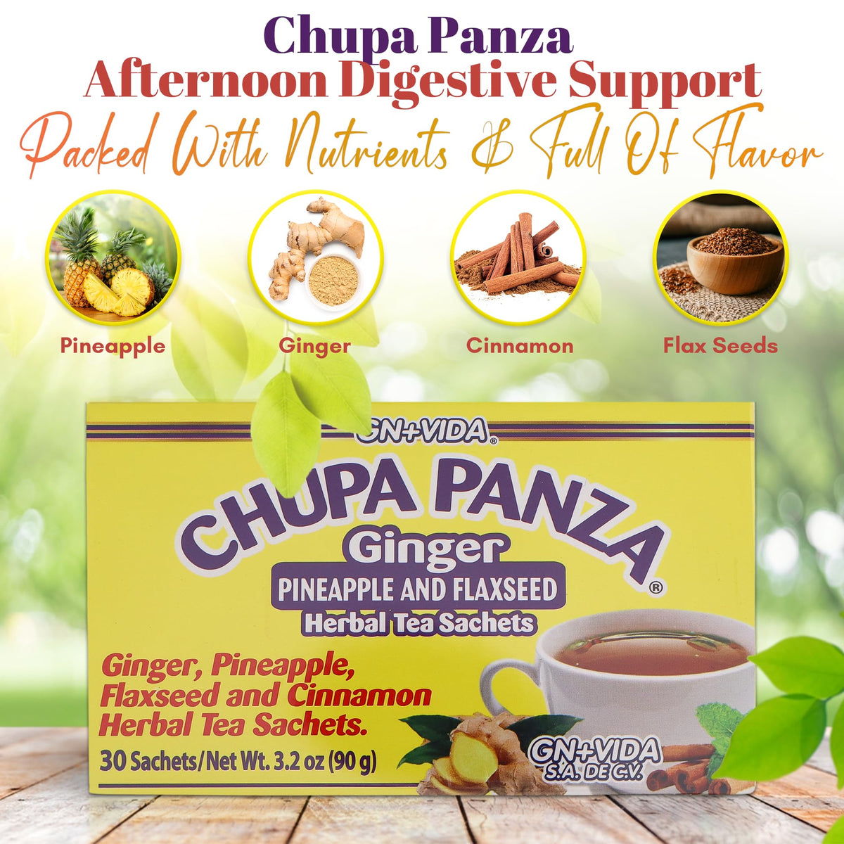 GN+Vida Tea CHUPA Panza: Ginger Pineapple Tea with Flaxseed & Cinnamon (Set of 2, 60 Bags)