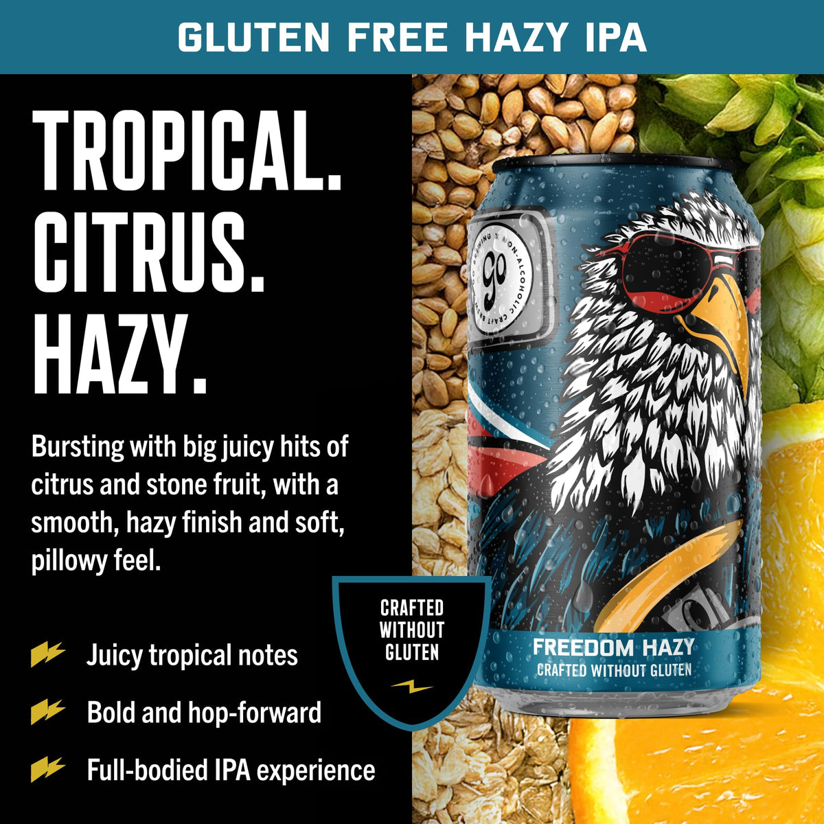 Go Brewing Freedom Hazy IPA Non-Alcoholic Craft Beer – Low-Cal, Gluten-Free, 12oz