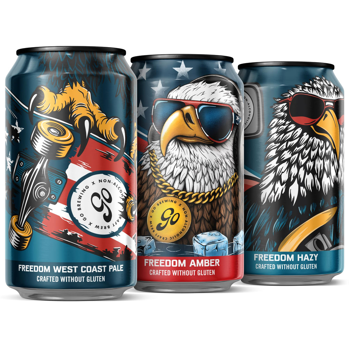 Go Brewing Freedom Non-Alcoholic Craft Beer Variety — West Coast Pale, Amber & Hazy IPA, Gluten Free, 12oz Cans