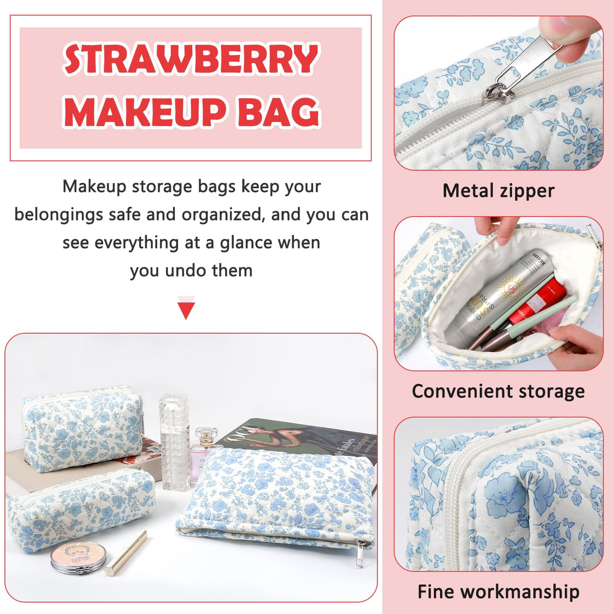 Gocvo 3 Pcs Makeup Bag Cosmetic Bag Set for Girls Women Checkered Travel Organizer Bathroom Toiletry Pouch Large Capacity Storage Bag(Blue Flower)