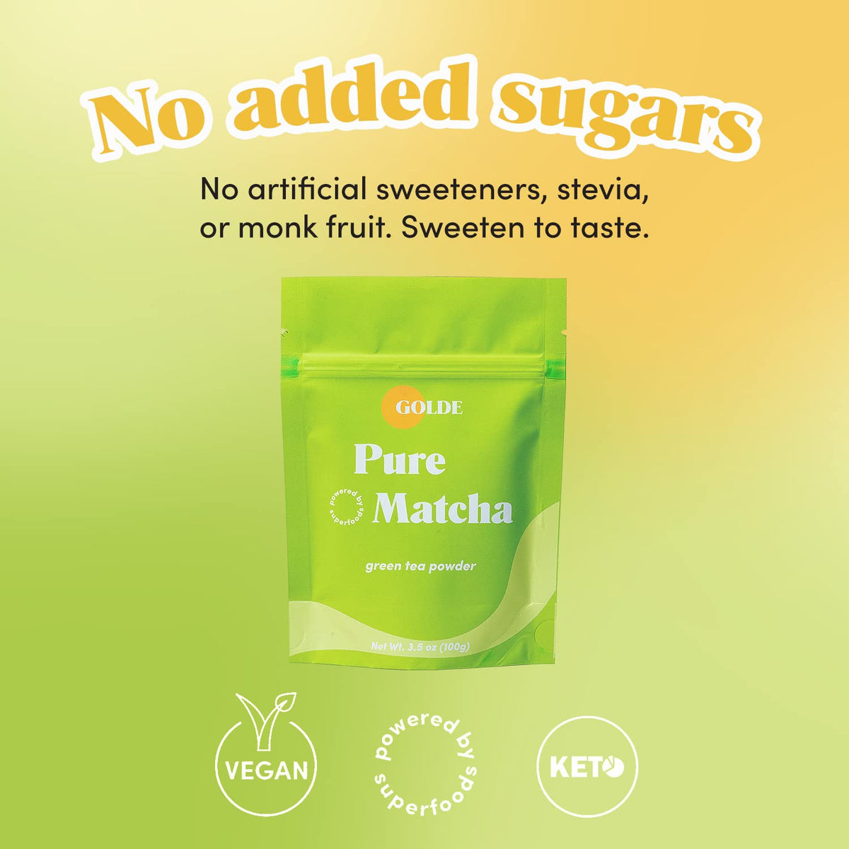 GOLDE Pure Matcha – Ceremonial Grade, 100g Pouch | L-Theanine & Antioxidants | 60mg Caffeine