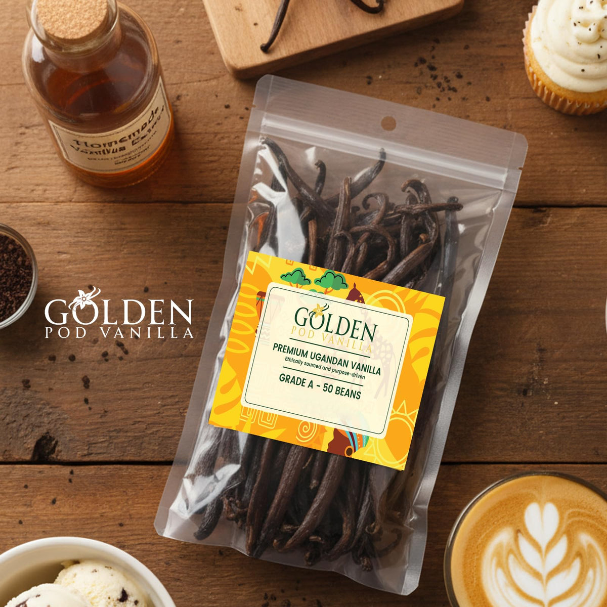 Golden Pod Vanilla Beans 50 Count – Gourmet Grade A Whole Vanilla Pods for Extracts & Baking
