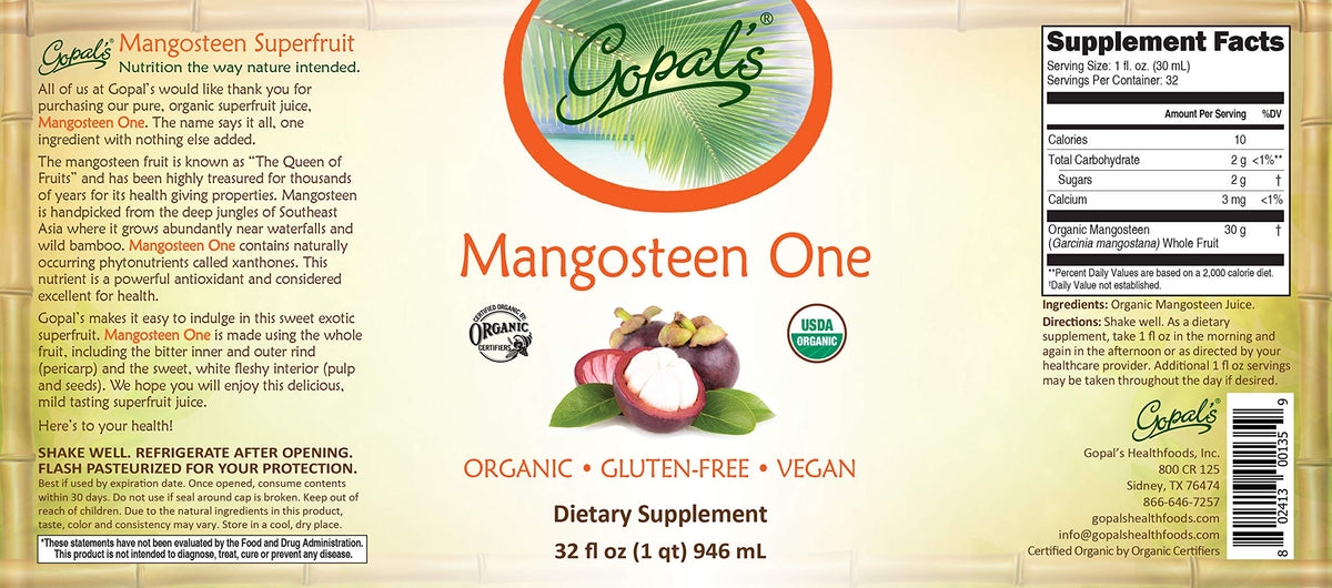 Gopal's Mangosteen One – 100% Organic Mangosteen Juice (32oz Glass Bottle)