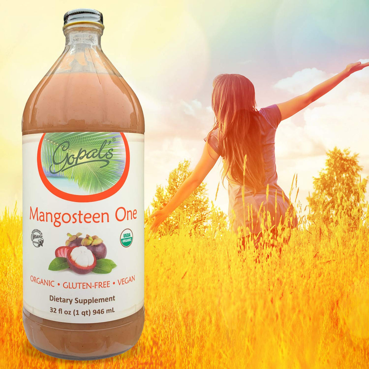 Gopal's Mangosteen One – 100% Organic Mangosteen Juice (32oz Glass Bottle)