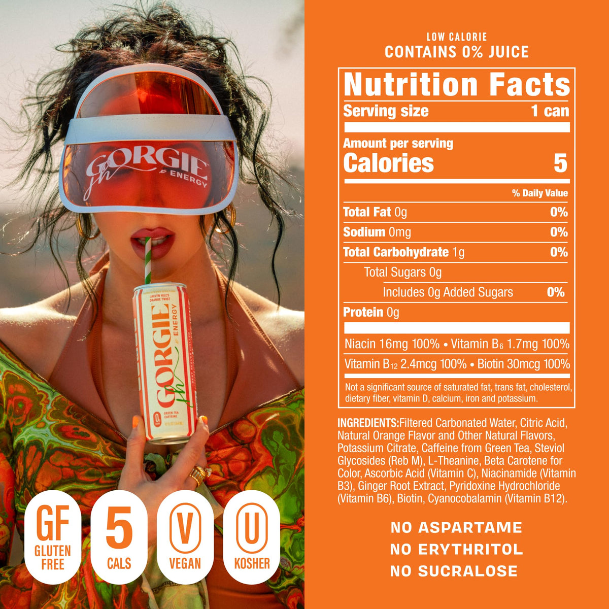 GORGIE Jaclyn Hill Orange Twist Sugar Free Natural Energy Drinks (12 Pack) | Low Calorie