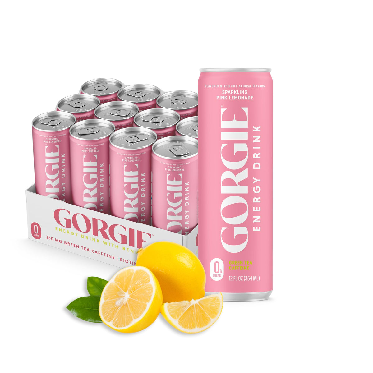 GORGIE Sugar-Free Pink Lemonade Energy Drink (12 Pack) | Green Tea Caffeine & Biotin
