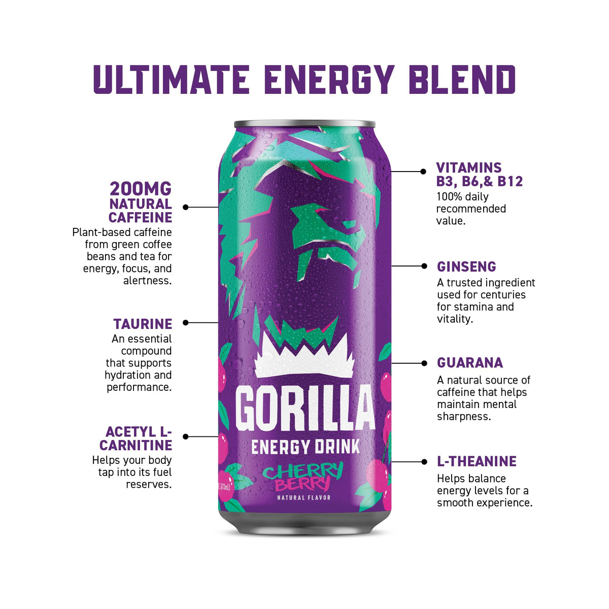 Gorilla Energy Cherry Berry – 200mg Natural Caffeine, Real Fruit Juice, No Added Sugar | 12 Pack