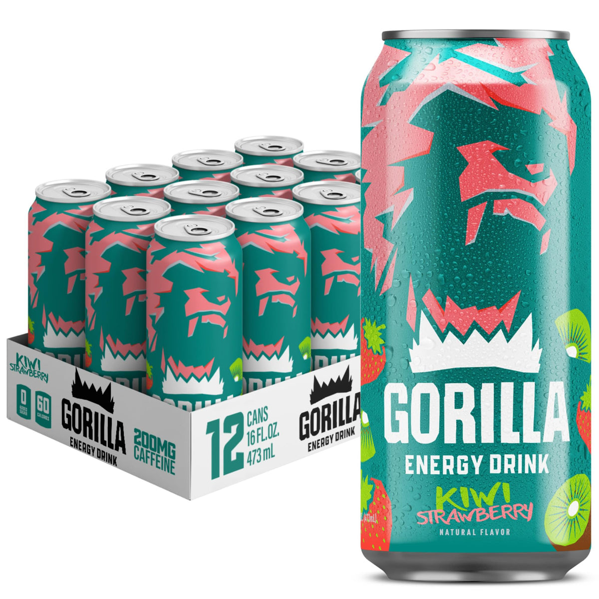 Gorilla Energy Kiwi Strawberry – 200mg Natural Caffeine, Real Fruit Juice, No Added Sugar, 12 Pack
