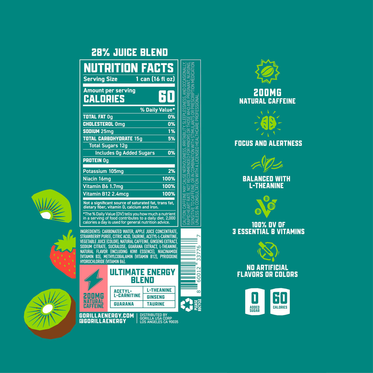 Gorilla Energy Kiwi Strawberry – 200mg Natural Caffeine, Real Fruit Juice, No Added Sugar, 12 Pack