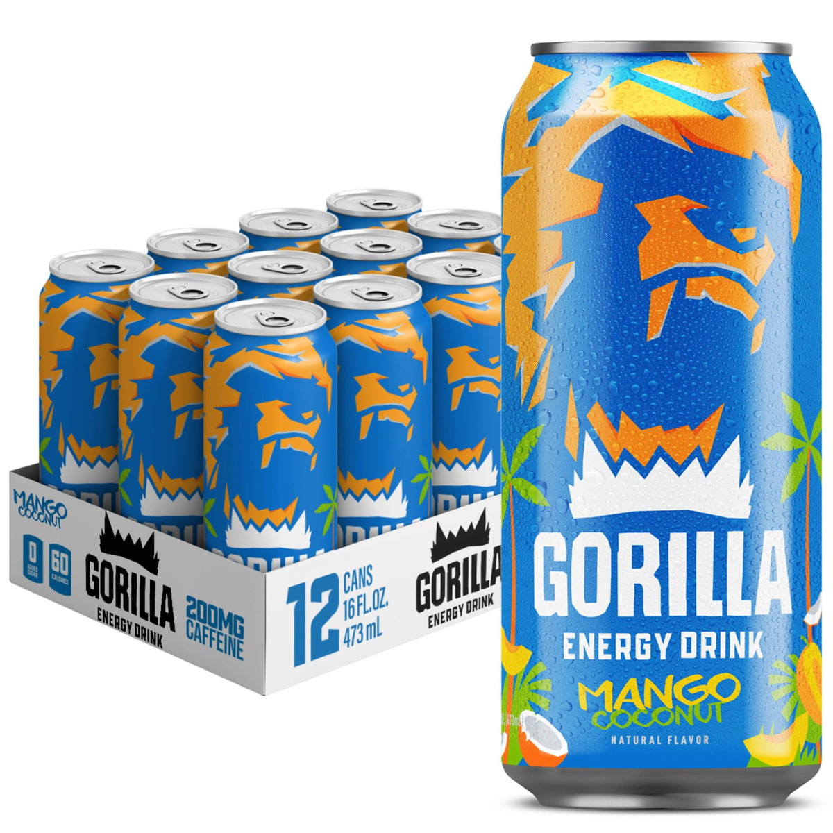 Gorilla Energy Drink Mango Coconut – 200mg Natural Caffeine, Real Fruit Juice, No Added Sugar (12 Pack)