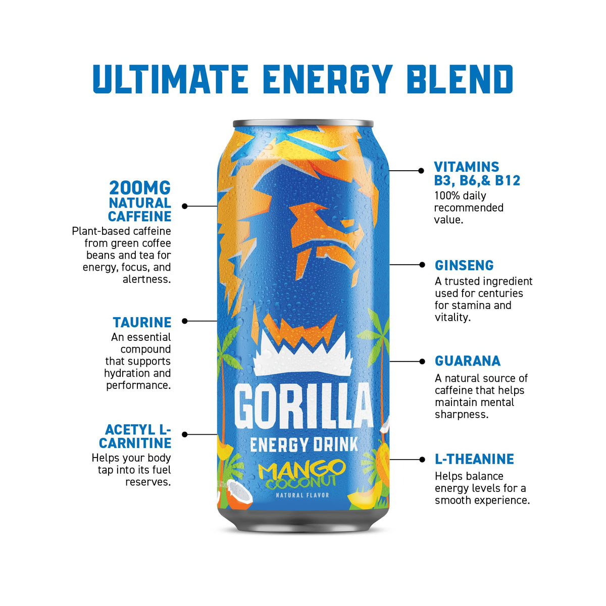 Gorilla Energy Drink Mango Coconut – 200mg Natural Caffeine, Real Fruit Juice, No Added Sugar (12 Pack)