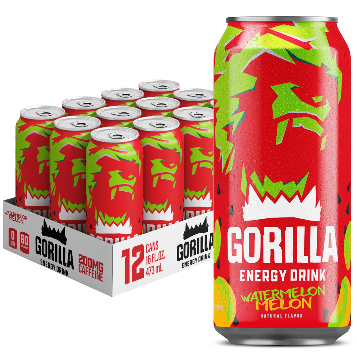 Gorilla Energy Drink Watermelon Melon – 200mg Natural Caffeine, Real Juice, 12 Pack