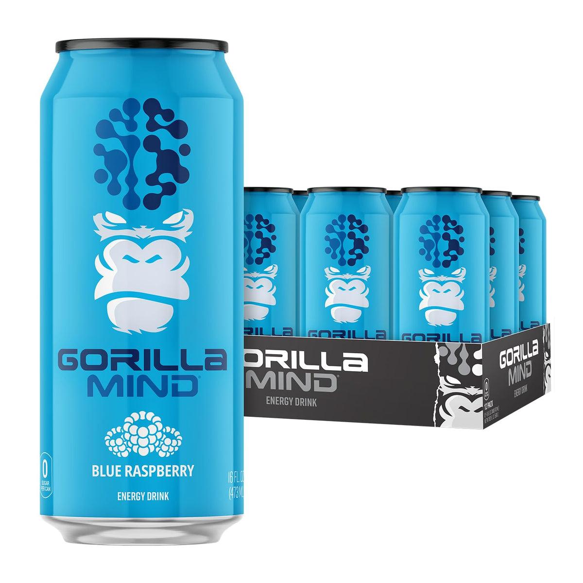 Gorilla Mind Energy Drink – Unmatched Energy & Focus | 200mg Caffeine, N-Acetyl-L-Tyrosine, Alpha-GPC | 0 Sugar | 16oz Blue Raspberry (12-Pack)