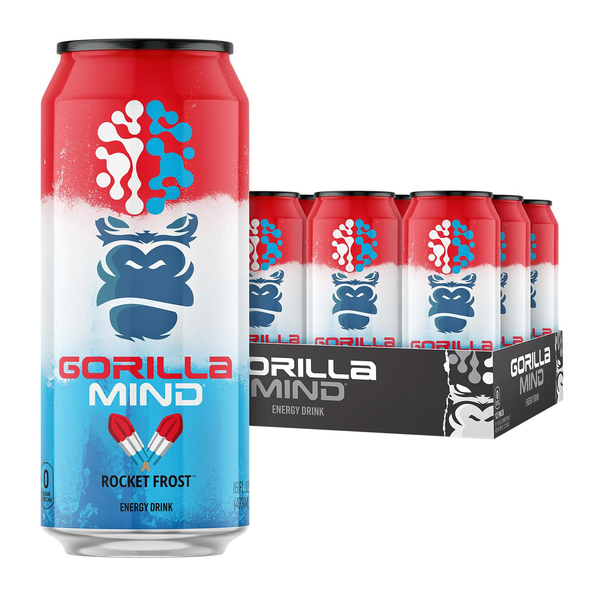 Gorilla Mind Energy Drink – Unmatched Energy & Amplified Focus | 200mg Caffeine, N-Acetyl-L-Tyrosine, Alpha-GPC | No Sugar | 16oz, 12-Pack (Rocket Frost)