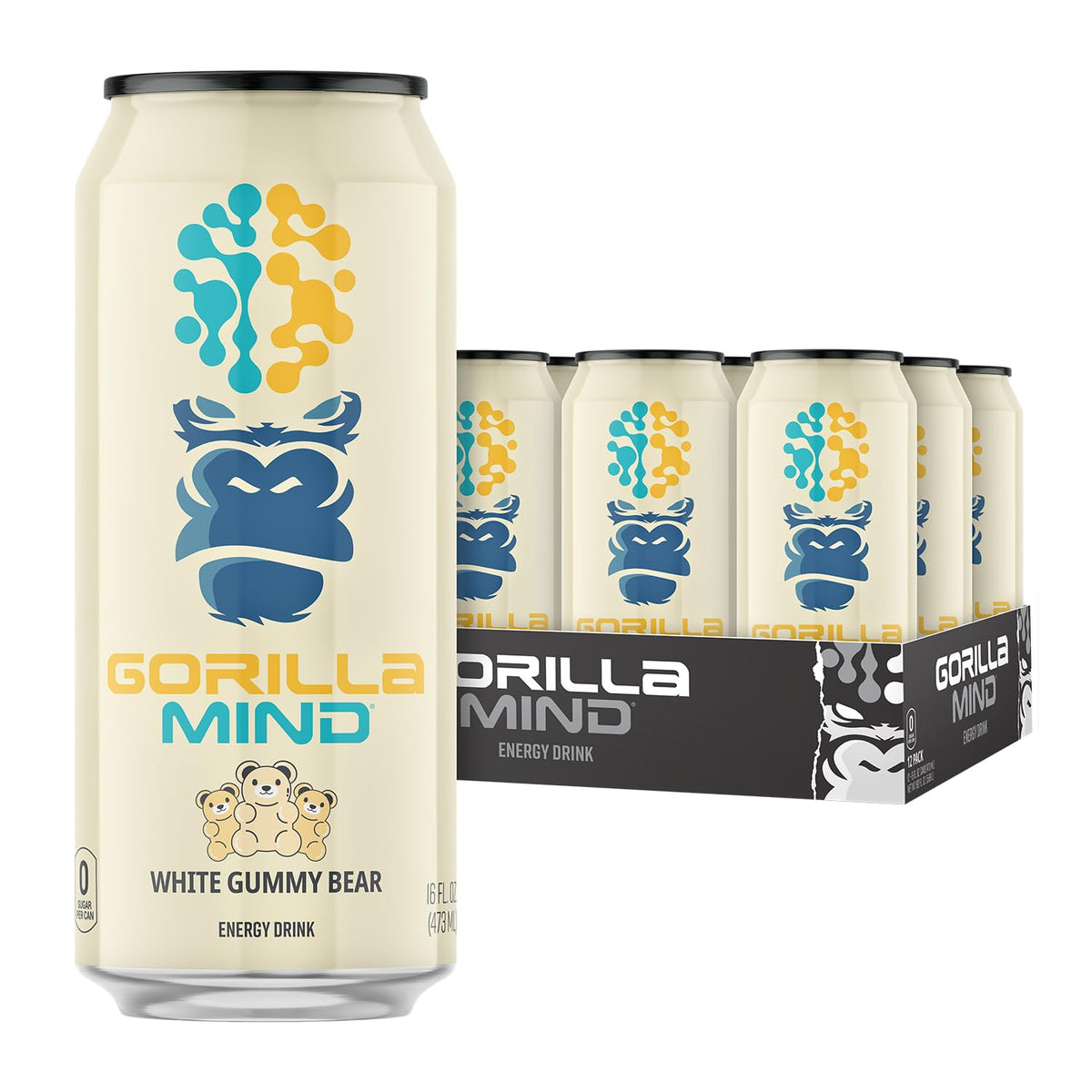 Gorilla Mind Energy Drink | Unmatched Energy & Amplified Focus – 0 Sugar, No Colors · 16oz, 12-Pack (White Gummy Bear)