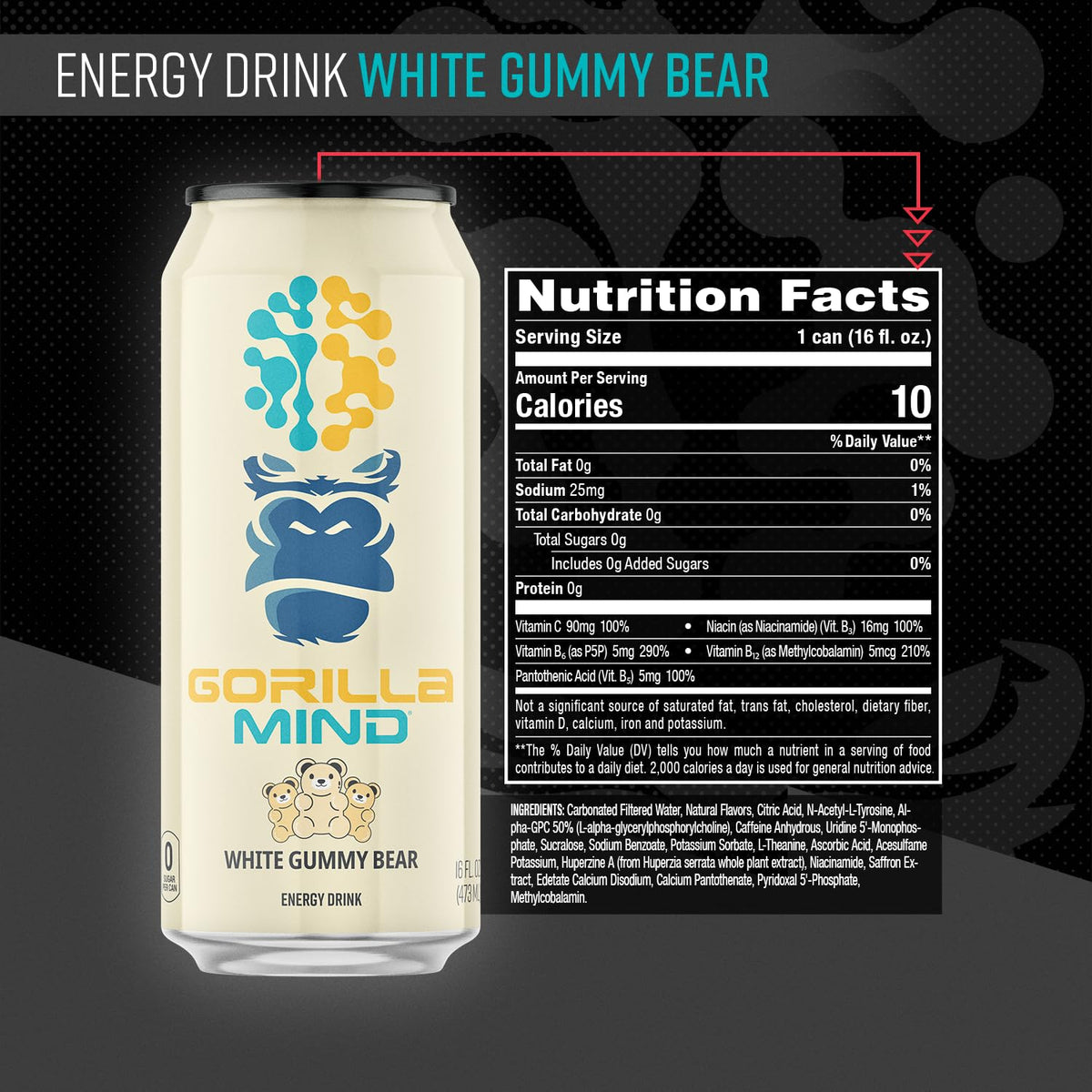 Gorilla Mind Energy Drink | Unmatched Energy & Amplified Focus – 0 Sugar, No Colors · 16oz, 12-Pack (White Gummy Bear)
