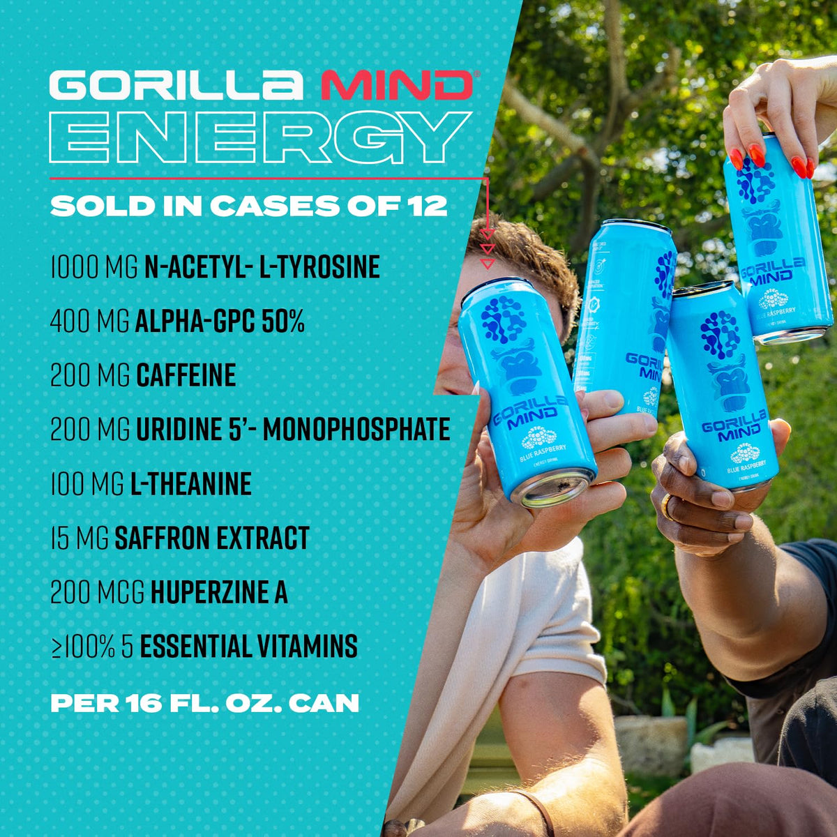 Gorilla Mind Energy Drink | Unmatched Energy & Focus – 16oz Can, 12-Pack (White Frost)
