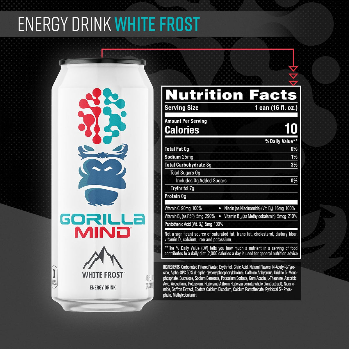 Gorilla Mind Energy Drink | Unmatched Energy & Focus – 16oz Can, 12-Pack (White Frost)