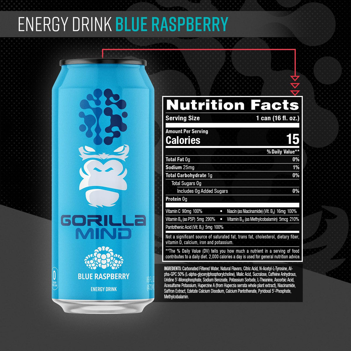 Gorilla Mind Energy Drink – Unmatched Energy & Focus | 200mg Caffeine, N-Acetyl-L-Tyrosine, Alpha-GPC | 0 Sugar | 16oz Blue Raspberry (12-Pack)
