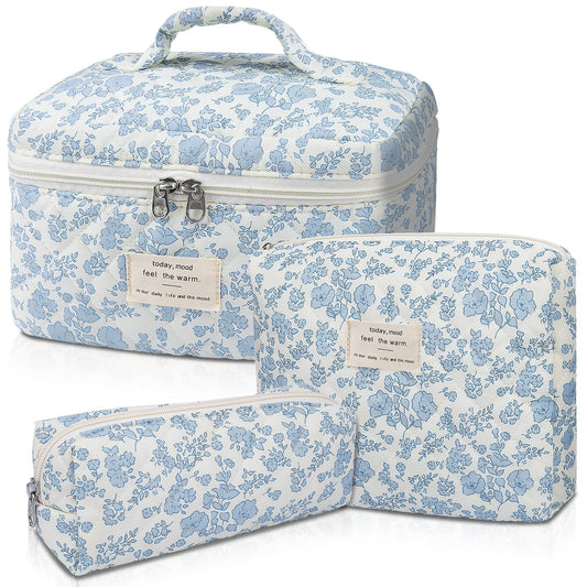 Gosect Makeup Bag, Large Quilted Cosmetic Bag, Big Floral Make Up Bag for Women Girls, Cute Cotton Makeup Bag Set, Flower Travel Toiletry Organizer Bag (Blue Flower)