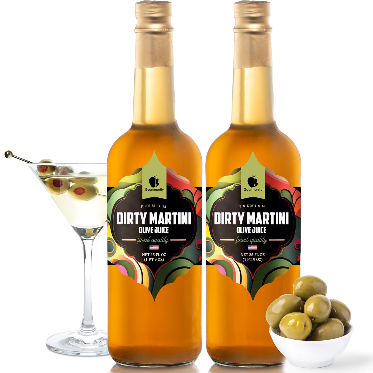Gourmanity Olive Juice for Dirty Martinis – 25oz Bottle 2-Pack | Premium Olive Brine