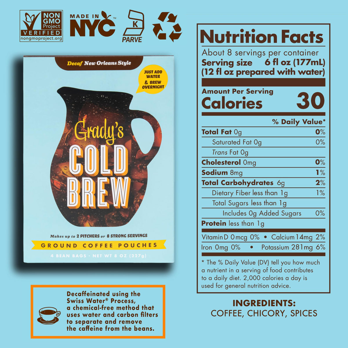 Grady’s Cold Brew New Orleans Style Decaf with Chicory – 24 Drinks, 2 Bundles of 4 Easy-to-Brew Bean Bags