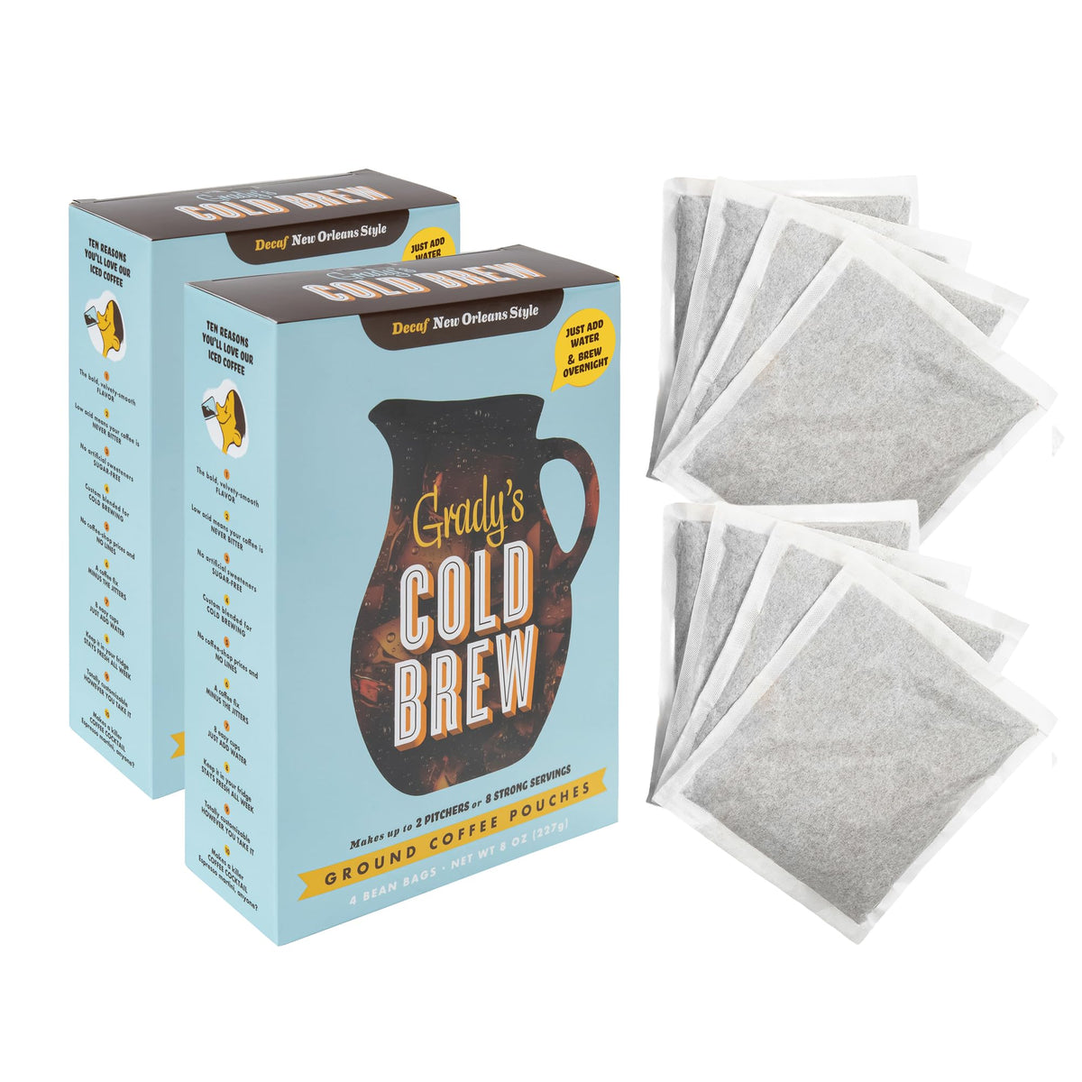 Grady’s Cold Brew New Orleans Style Decaf with Chicory – 24 Drinks, 2 Bundles of 4 Easy-to-Brew Bean Bags