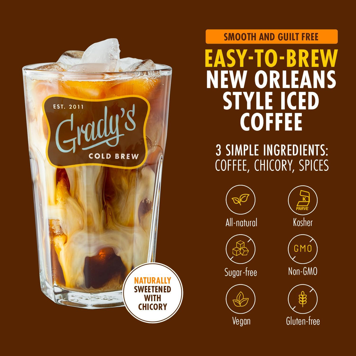 Grady’s Cold Brew New Orleans Style Decaf with Chicory – 24 Drinks, 2 Bundles of 4 Easy-to-Brew Bean Bags