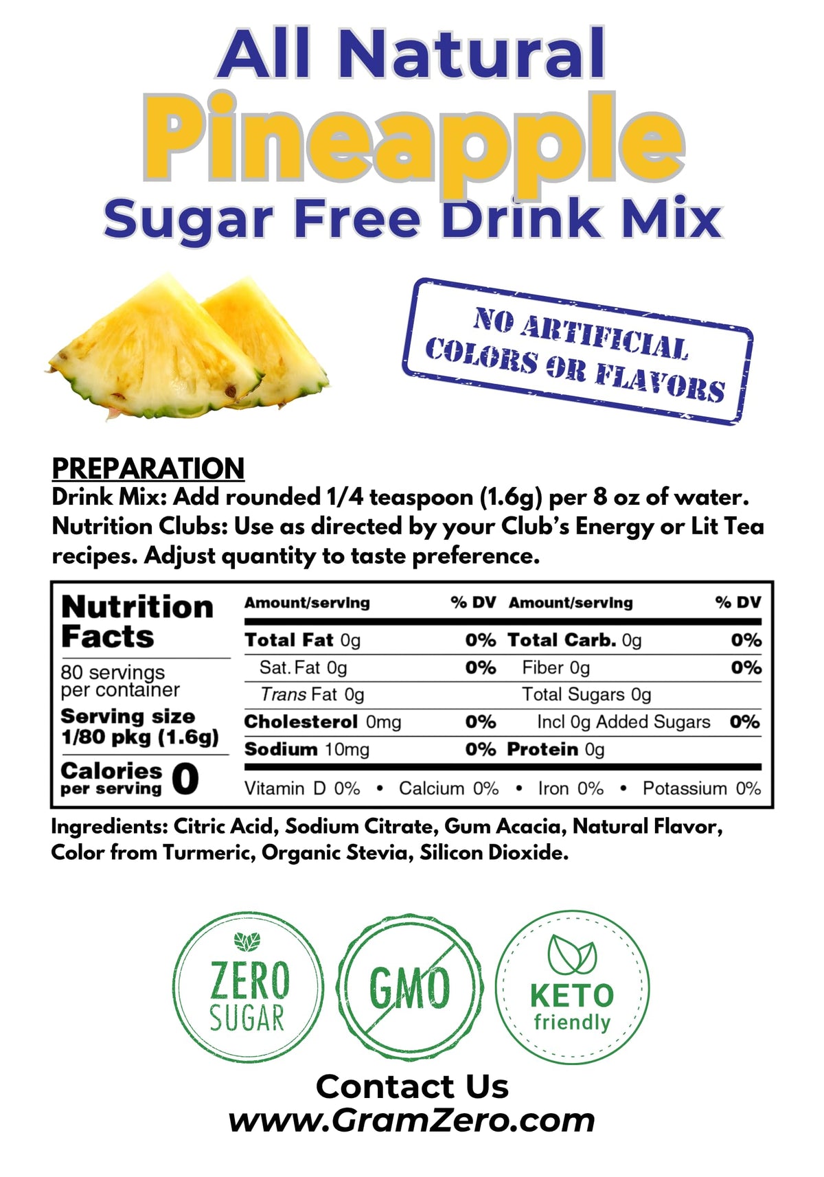 GramZero All Natural Pineapple Zero Calorie Drink Mix | Stevia Sweetened