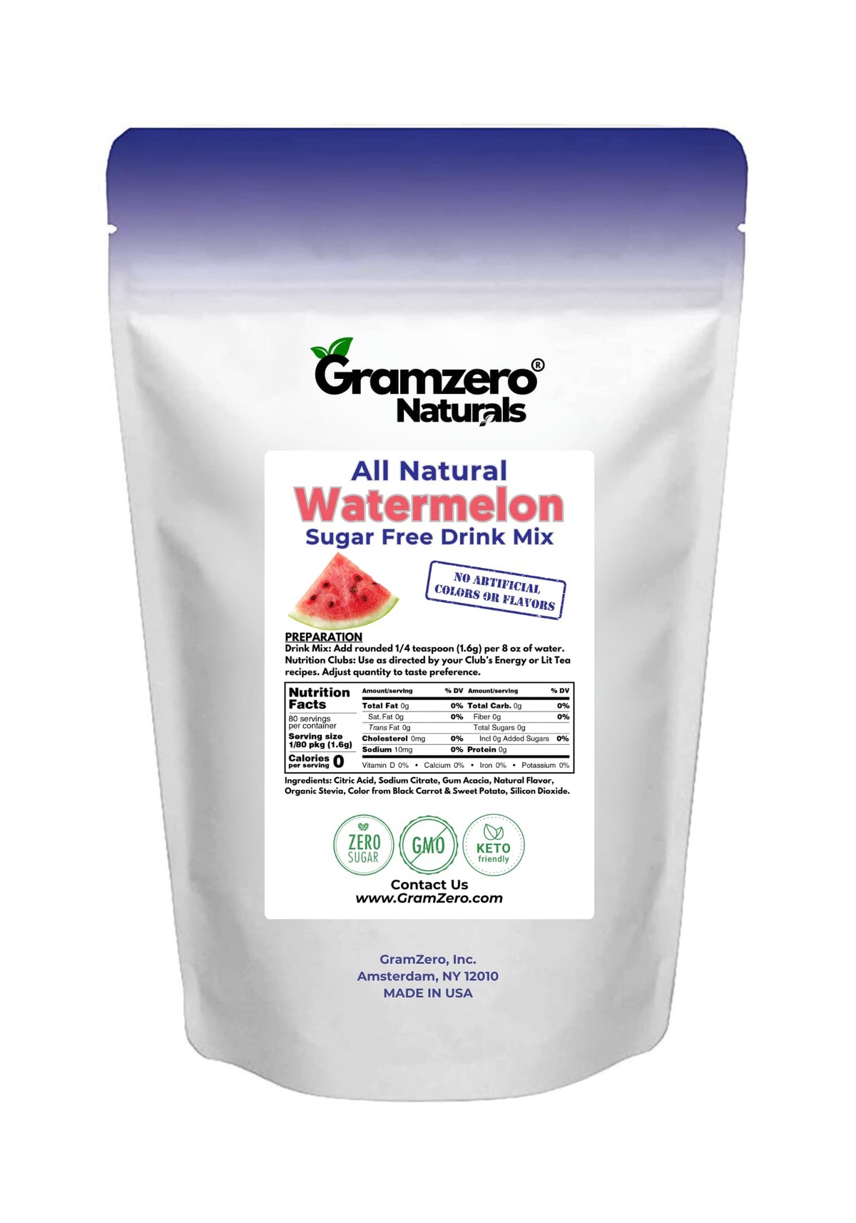 GramZero All Natural Watermelon Drink Mix – Zero Calorie, Sugar Free, Stevia Sweetened